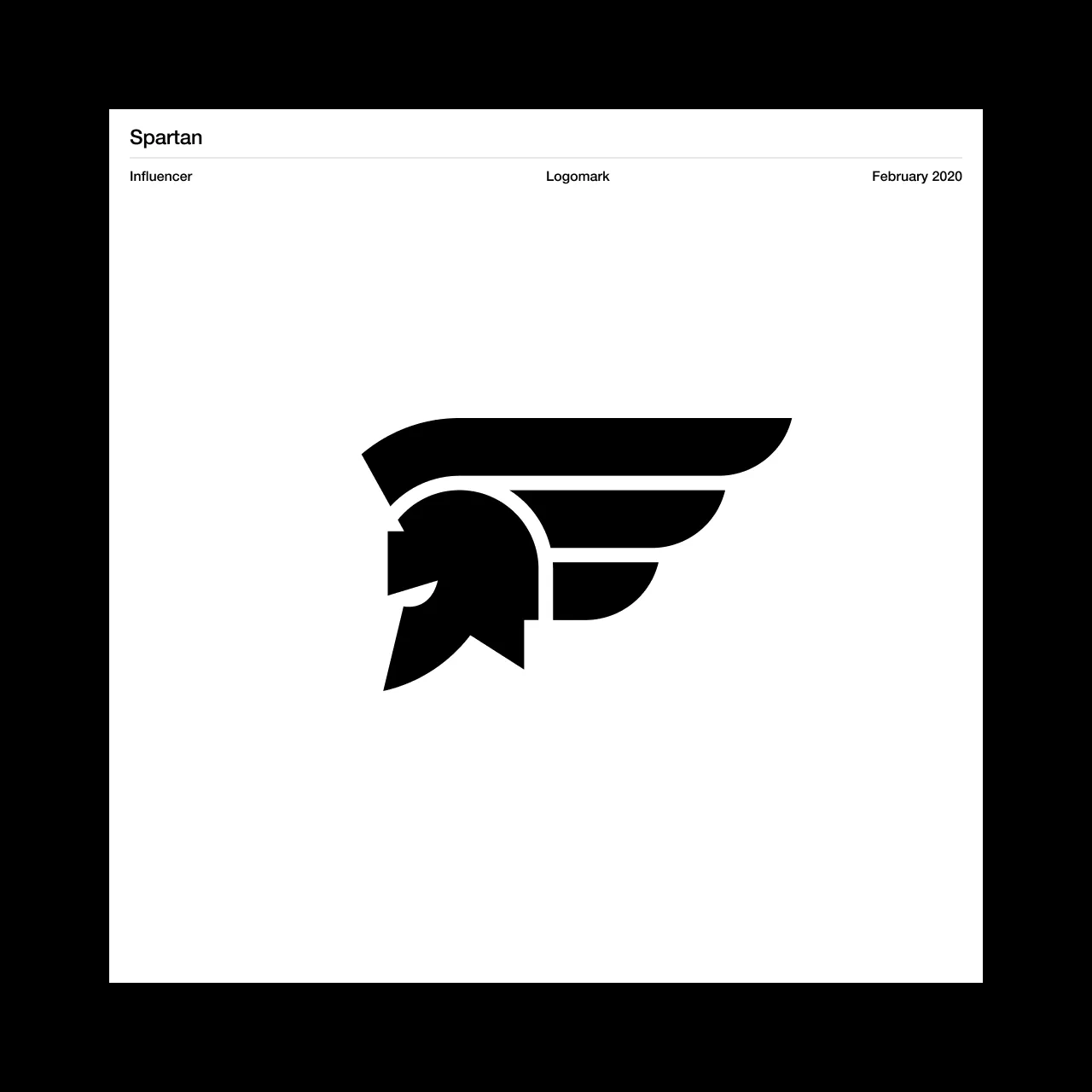 A looping five-card logofolio: a white card on black, carrying the client name across the top and a row beneath it giving sector, mark type and date, with the mark itself set large and solid black in the middle. The cards run: Spartan, a winged Spartan helmet; GoldGloveTV, a clenched fist whose thumb and cuff close into a shield; mbet.io, a face in profile under a flat cap; Spartan again, an outlined monogram with a sword driven down through its centre; and Milestone Digital, four tapered bars leaning into an M.