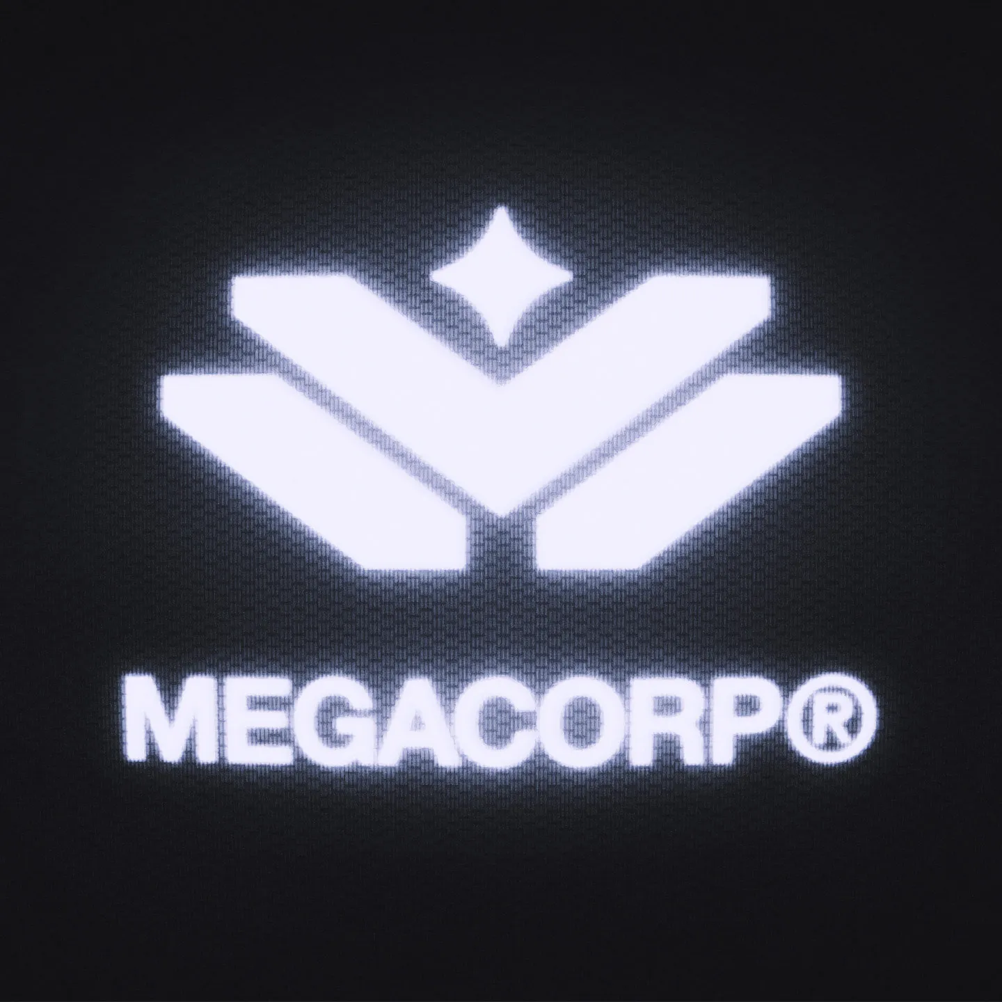 The MEGACORP logo glowing white on a dark screen-textured field: a pair of swept wings meeting under a four-point star, above the wordmark "MEGACORP".