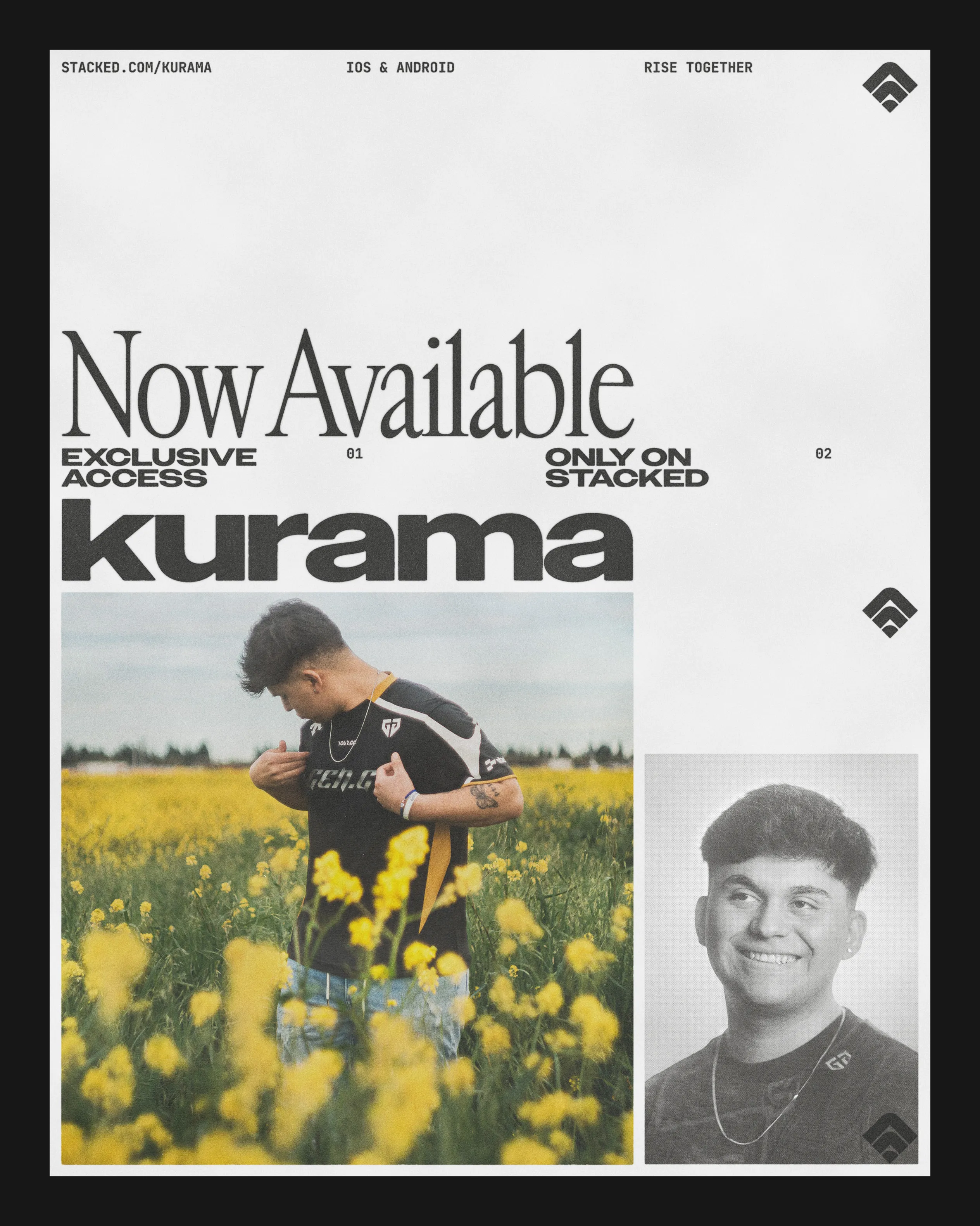 A looping three-card set of Stacked announcement posters, each headed "Now Available" over "Exclusive Access" and "Only on Stacked". The cards run: Kurama, in heavy lowercase above a photograph of him pulling on a jersey in a field of yellow rape flowers, with a black-and-white portrait beside it; OSCS, a pixelated logotype on a grained purple-to-white gradient above the letters set enormous and tight, footed by a row of tabs reading on, sum, chill, shii; and FlyQuest, a photograph of three players in black team kit above the wordmark and a coiled snake wrapped around the team's mark.
