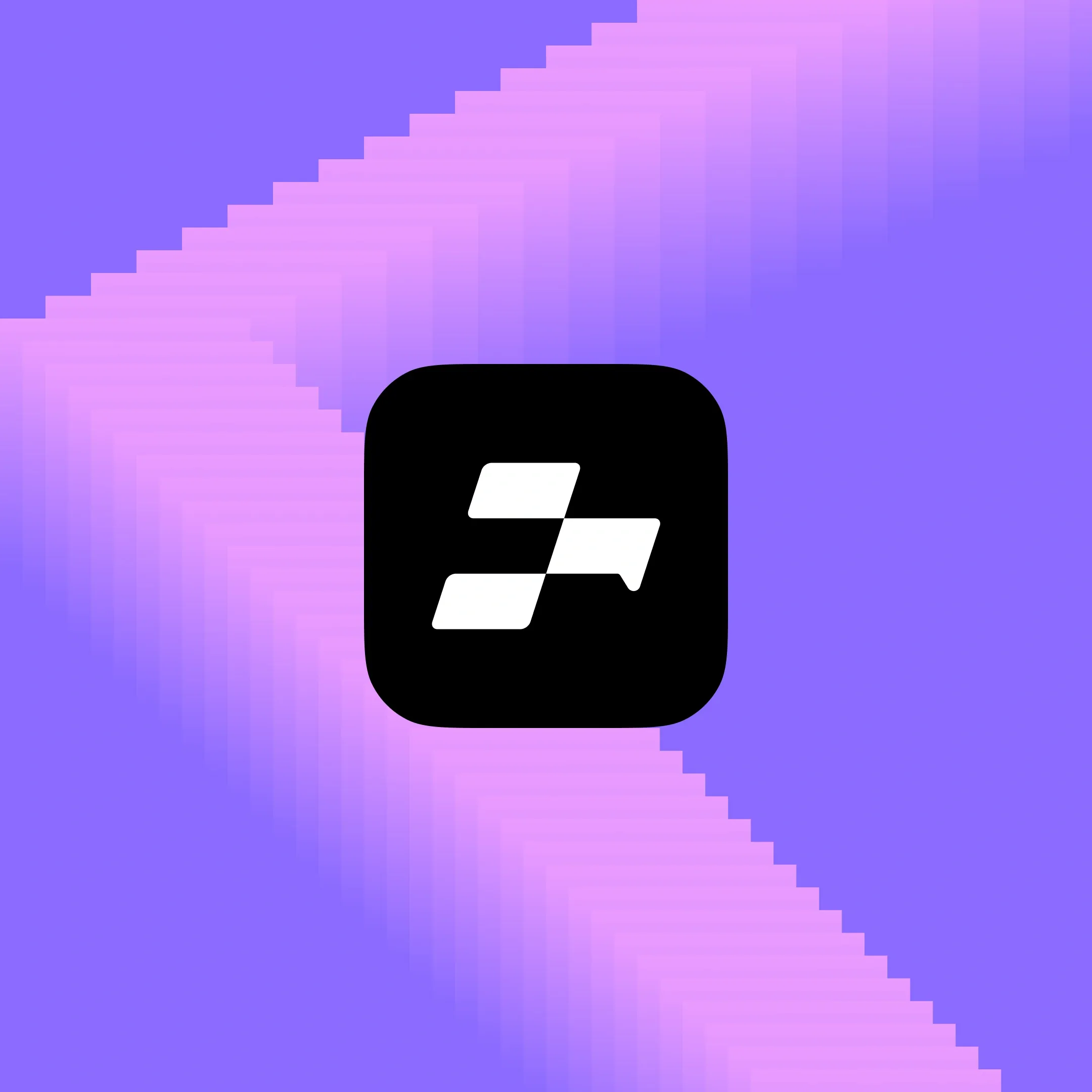 A looping six-frame animation of the Stacked app icon: the chevron mark in white on a black rounded square, held still at the centre while a purple-to-pink gradient moves behind it. The frames alternate between hard stepped chevrons — one sweeping across the field, one rising from the lower left, one opening as a wide V — and softer passes where the gradient smears into horizontal motion streaks, pulling left, washing pale pink, then breaking into violet bands against the right edge.