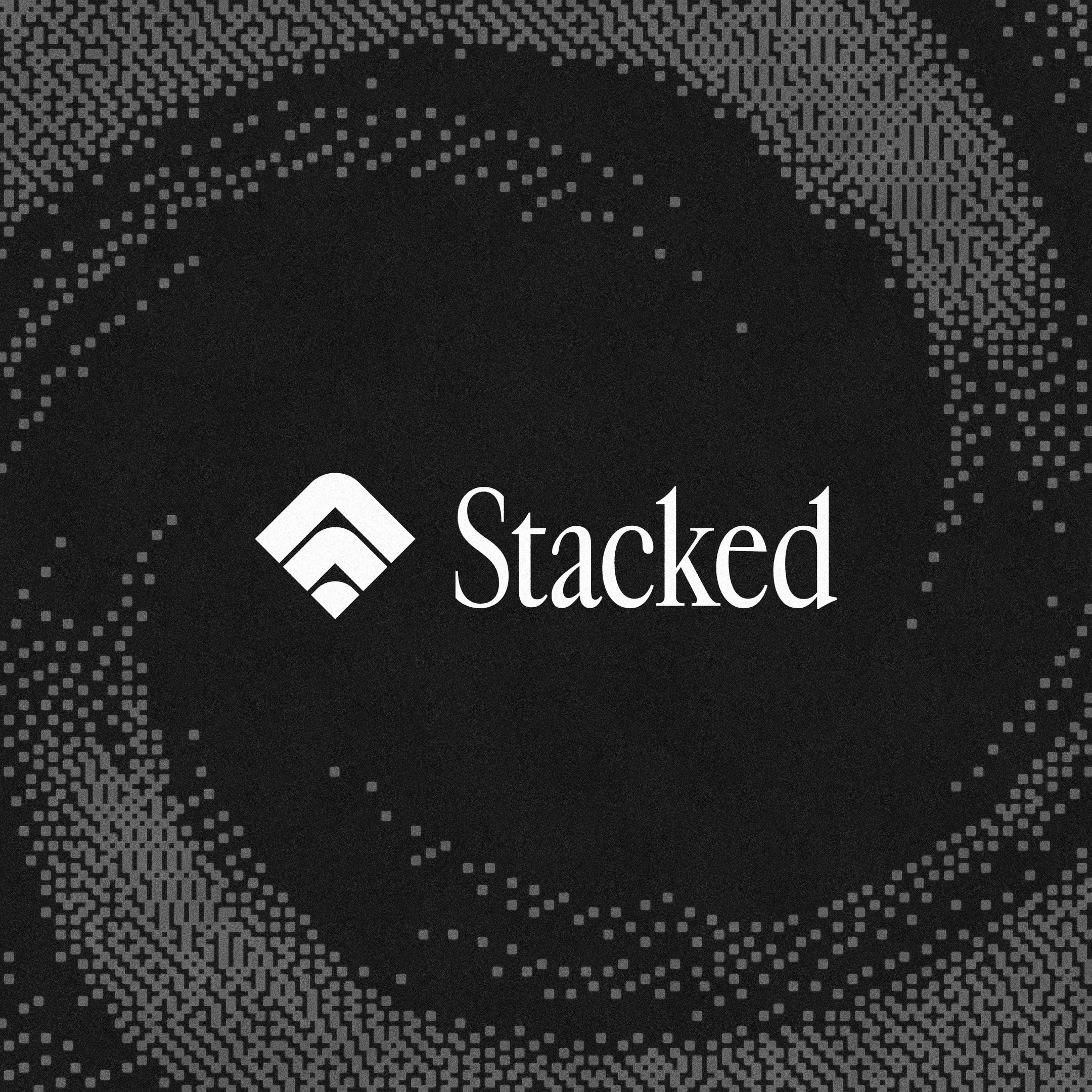 A looping four-card sequence from Stacked's launch thread, in white on black with heavy dithered texture. The cards run: the Stacked wordmark on a dithered spiral; "Cash Back" set large beside two Stacked marks, labelled creator coins and stacked tokens; a diagram of stacked windows linking fans earning cash back rewards to creators taking home 95% through a 5% fee; and a comparison putting Patreon's 80% against Stacked's 95% plus creator coin revenue and token rewards.