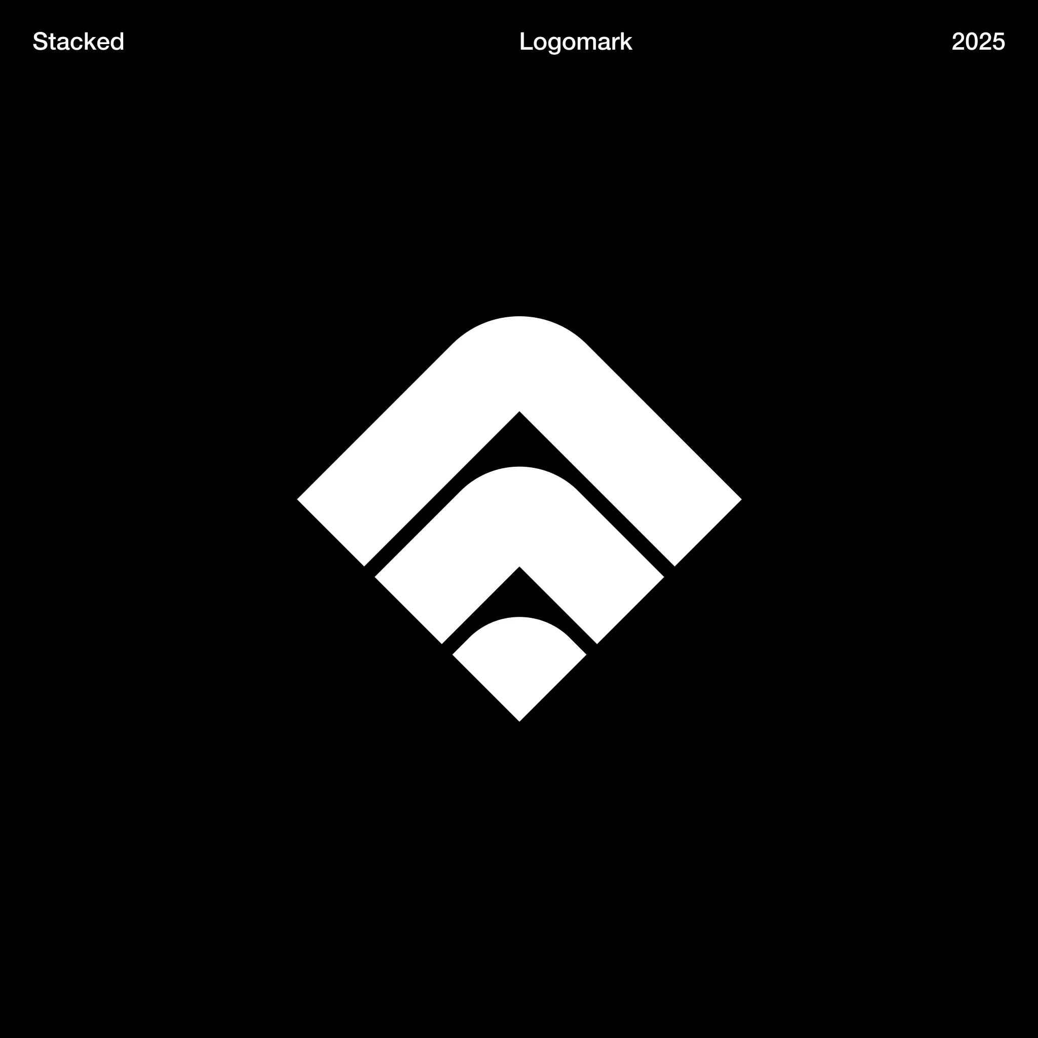 A logomark presentation board, white on black. A header row runs across the top — "Stacked" at the left, "Logomark" at the centre, "2025" at the right — over the mark standing alone in the middle of the field: nested angular chevron strokes stacked into a diamond, drawn as a solid two-colour form.