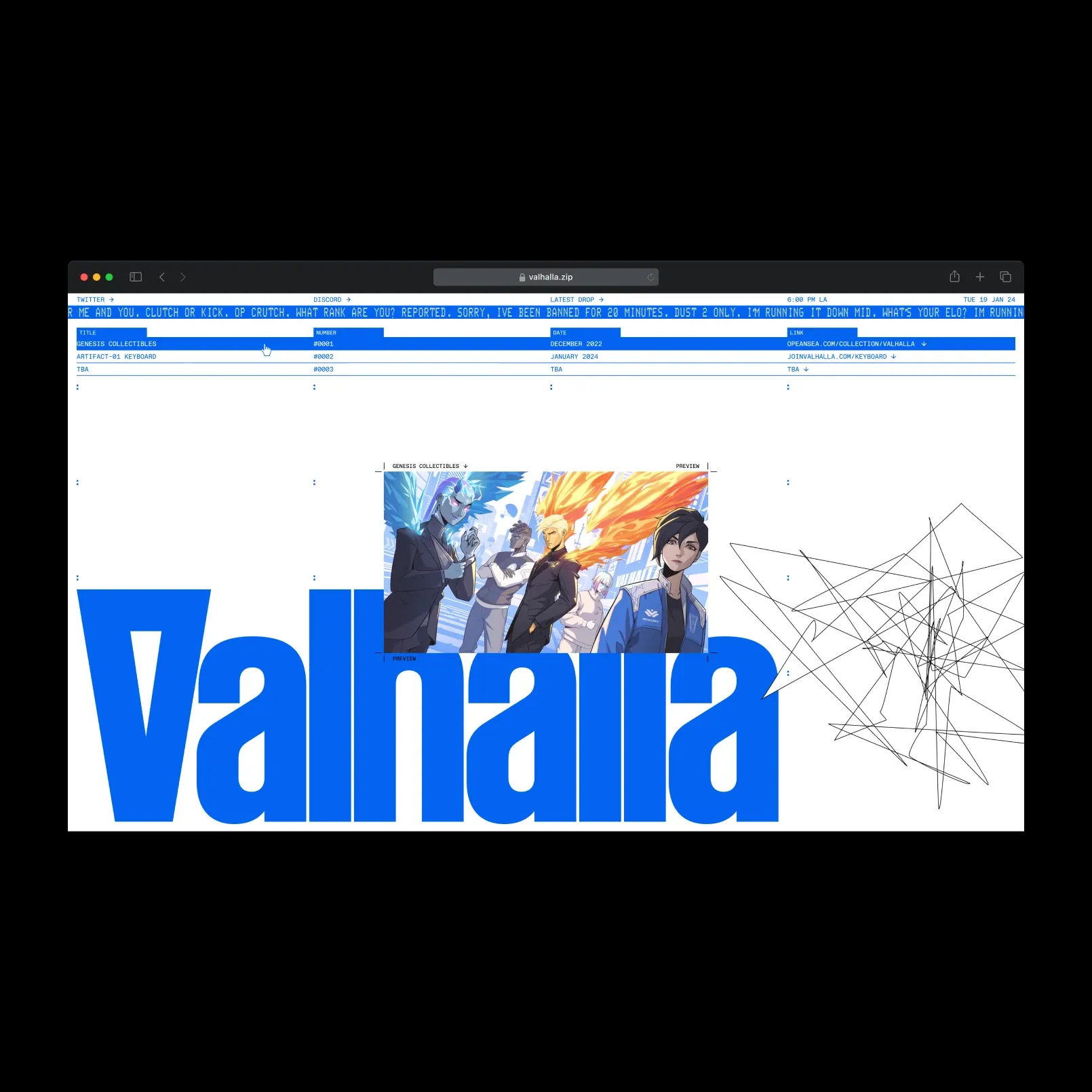 A looping three-card set of mockups for valhalla.zip, electric blue on white and standing on black. The cards run: a browser window showing the site, a scrolling ticker of voice-chat lines above a drop table listing Genesis Collectibles, Artifact-01 Keyboard and a third entry marked TBA, with a preview still of six characters mid-transformation, "Valhalla" set enormous across the foot and a tangle of hairline strokes thrown down beside it; three phone screens carrying the same table, the Artifact-01 keyboard page with its render of blue translucent keycaps, and the drop's about copy over a footer reading "designed in Los Angeles" and "built by Stacked"; and the site on a laptop beside a phone, the wordmark running the full width.